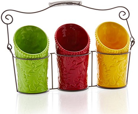 iEnjoyware - Vasos cerámicos para utensilios de cocina con soporte metálico, diseño blanco en relieve, 10 cm de diámetro y 17 cm de alto