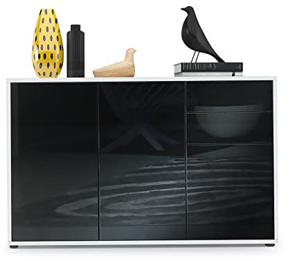 Vladon Sideboard Ben V3, Kommode mit 3 Türen und 2 Schubladen, Weiß matt/Schwarz Hochglanz (117 x 74 x 36 cm)