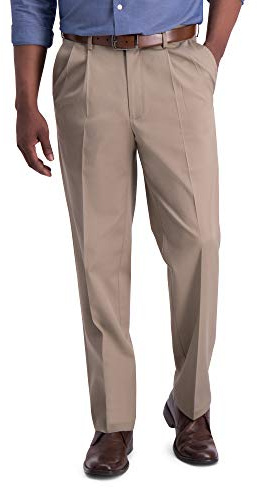 Haggar mens Iron Free Premium Khaki Classic Fit Pleat Front Expandable Waist Casual Pants, Medium Khaki, 42W x 30L US