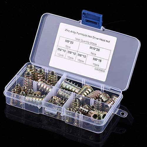 50pcs M4/M5/M6/M8/M10 Zinc Alloy Hex Flanged Screw-in Type Hex Drive Threaded Insert Nuts Assortment Tool Kit for Wood Furniture, Hex Socket Screw Inserts Threaded Insert Nuts with Compact Case