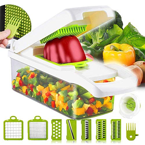 Vegetable Chopper, Multiple Slicer, with Container 8 in 1 Vegetable Chopper Cheese Grater Durable Fruit Chopper Vegetable Slicer Cutter Dicer Ricer for Kitchen Chateau (White)