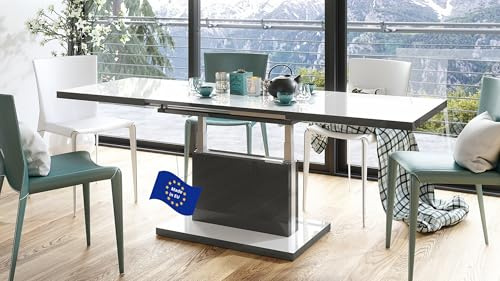 Aston Couchtisch ausziehbar höhenverstellbar 120/200cm in Weiß Hochglanz / Anthrazit Hochglanz modern vielseitig Wohnzimmertisch Esstisch Beistelltisch Sofatisch platzsparend hochwertig Wohnzimmer