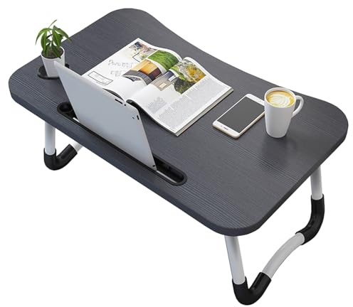 Vasen Laptoptisch fürs Bett, Klappbar Laptop Betttisch Laptoptisch, Betttablett für Surfen Arbeiten auf dem Sofa, Kompatibel mit Laptops bis zu 17 Zoll (Schwarz mit Ipadschlitz & Getränkehalter)