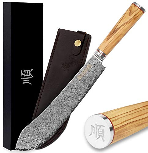 YOUSUNLONG Breaking Knife Bull Nose Pro Butcher Knife 10 Inch Japanese Damascus Steel Italian Olive Wood Handle with Leather Sheath