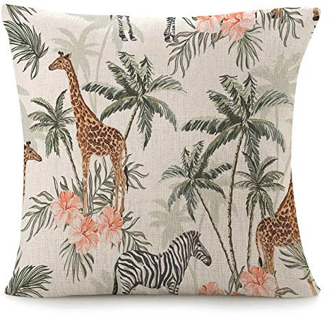 Kissenbezug für Couch, exotische Dschungellandschaft, Bett, Sofa, Kissenbezug, wunderschöner tropischer Vintage-Stil, Palmen, Gepard, Blumenmuster, Kokosnuss, Hibiskus, Leinen, 45.7 x 45.7 cm