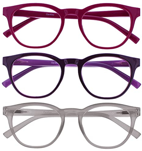 OPULIZE BLU Blaulichtfilter Lesebrille für Damen Herren, Blendfreie UV400-Schutz Federscharnier Anti-Müdigkeit, Runder Rahmen, Computerbrillen Gaming, 3er-Pack Rosa Violett Eis +2,00