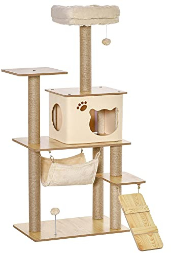 PawHut Albero Tiragraffi Multilivello con Casetta 60x40x130cm Giallo | Amaca, Scaletta, Corde in Juta, Rivestimento Peluche