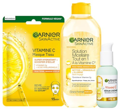 Garnier - Glanzroutine-Set 3 Produkte - Angereichert mit Vitamin C - Für matte Haut - Gesichtsserum Creme (50 ml), Feuchtigkeitsspendende Tuchmaske, Mizellenwasser All-in-1 (400 ml)