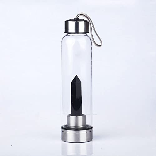 SAHKGYE Natural Crystal Water Bottle Reusable Gem Glass Water Bottle with Obsidian Gemstone Center Wand Healing Elixir Point Reiki Crystal Obelisk Natural Quartz Crystal Infused Gemwater Bottle 550Ml