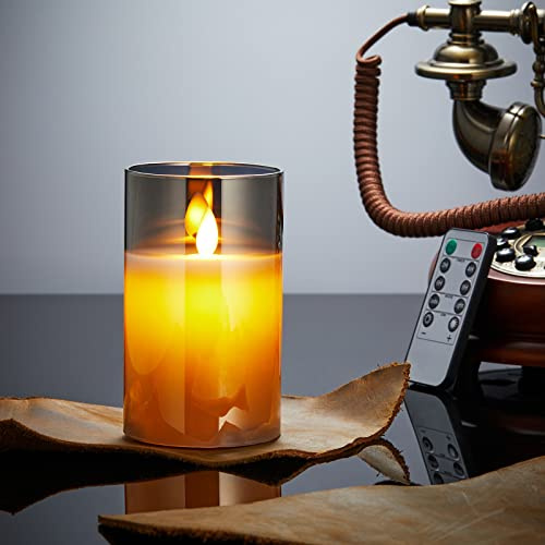 Bougies LED, Bougies Sans Flamme Vacillantes, Bougies à Piles avec Verre, Bougies en Cire Réelle avec Télécommande, Fonction de Minuterie, Dimmable pour Décoration Mariage Anniversaire 15cm-Gris