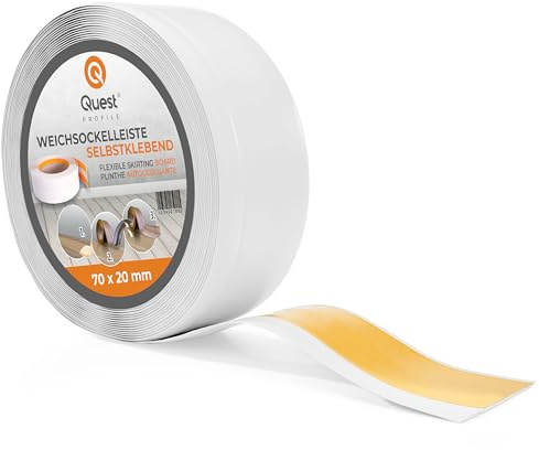 Quest Mjuk Golvlist Självhäftande, Mjuk Sockellist – 70 mm x 20 mm – avslutningslist, bred böjbar list – för väggar, golv – PVC, flexibel, vattentät, dekorativ (Vit, 5m) | Bred böjlist och ändlist, för vägg och golv, skyddar mot fukt, lätt att rengöra och formstabil