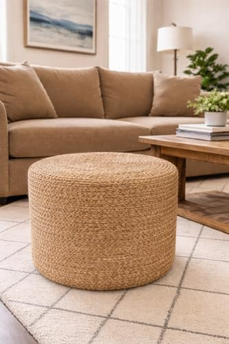 The Knitted Co. Jute Pouf Ottoman | Footrest Pouf | Hand Braided - Round Boho Pouffe - for Living Room, Bedroom, Nursery (20x20x10) Natural