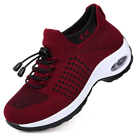 STUNAHOME Dra-på-sneakers för kvinnor, tjock botten, luftkudde, promenadskor, ventilerande nät, sneakers, ortopediska skor för kvinnor, Röd, 42 EU