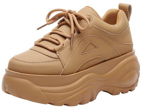 Jamron Women's High Platform Chunky Sneakers Lace-up Casual Dad Shoes, Brown, 4.5 UK