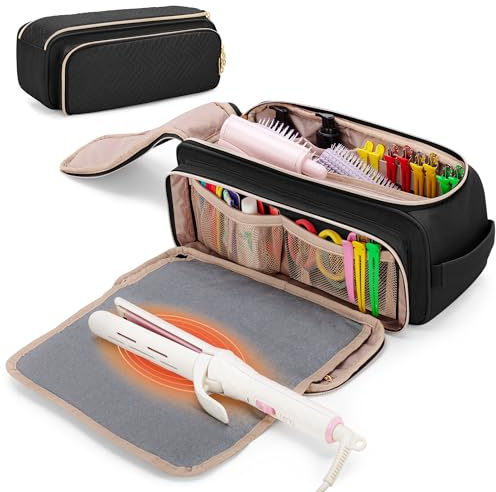Yarwo Reisetasche für Glätteisen, Tasche für Styling Zubehör, Schwarz | Hitzebeständige Matte, 2 Stretchfächer, 3 Elastische Bänder, Mesh-Tasche, Stahldraht, Reisetasche für Glätteisen und Styling