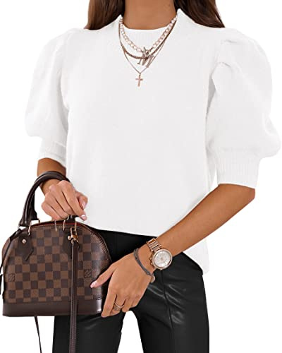 UNCLECAT Women's Puff Short Sleeve Sweaters Trendy Fall Tops Casual Pullover, White, M