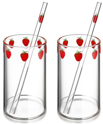 CALLARON 2Er Set Erdbeer Milchbecher Mit Strohhalm 10.83Oz Transparente Trinkgläser Für Zuhause Praktische Gläser Für Saft Milch Tee Limonade Kompakte Tassen Für Innenbereich
