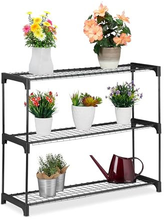 Relaxdays Estantería para Plantas, 3 Niveles, Mueble Macetas Flores y Hierbas, Soporte Metálico, 72 x 91 x 28 cm, Negro