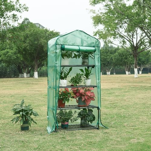 [en.casa] Greenhouse Chaam foil greenhouse with 4 shelves Greenhouse with roll-up door Tomato greenhouse Lean-to greenhouse for balcony garden terrace 158x69x49cm Green