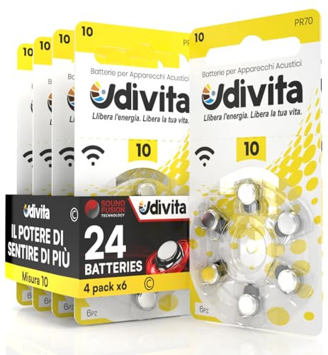 24 Pile Per Apparecchi Acustici Udivita Misura 10 Batterie Zinco Aria - 4 Blister da 6 Pile