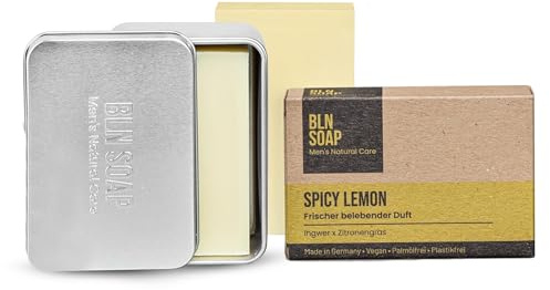 Feste Männerseife + Seifendose: Natürliche feste Seife für Männer, 3-in-1 Duschseife Herren für Hand, Körper & Haare, Nachhaltig & Vegan, 135 g Seifenstück inkl. Seifenbox mit Abtropfschale, BLN SOAP