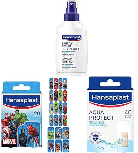 HANSAPLAST Lot avec Spray Antiseptique (1 x 100 ml), Pansements pour enfants Marvel (1 x 20), Pansements étanches pour toutes sortes de plaies (1 x 40), kit de secours pratique