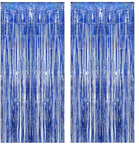 Torytoe Cortina metálica de 2 Piezas de Azul Brillante Cortinas de Oropel Metálicas, Cortina Lámina Franjas con Flecos, Cortina de Borla Decoracion Bodas, Telón de Fondo Fotos (1m x 2m)