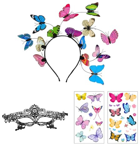 XDGBGFN 4 Stück Schmetterling Kostüm Accessories: Schmetterling Haarreif Schwarz Augenmaske und 2 PCS Schmetterling Aufkleber für Damen Karneval Fasching Cosplay (Bunte)