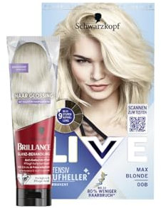 Schwarzkopf Live Aufheller Max Blonde 00B (142 ml), Blondierung ohne Gelbstich & Brillance Glanz-Behandlung, Haar Glossing Kühles Blond (150 ml), pflegt & intensiviert die Haarfarbe