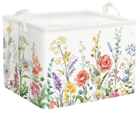 Clastyle Blume Frauen Mädchen Wäschekorb mit Henkel Faltbar Kleidung Spielzeug Aufbewahrungskorb Kinder Aufbewahrungsbox für Babyzimmer Bad, Wildblumen, 40x30x30 cm | Großer Aufbewahrungskorb für Spielzeug, Kleidung, Bücher, 25 kg Tragkraft, freistehend, wasserdicht, faltbar