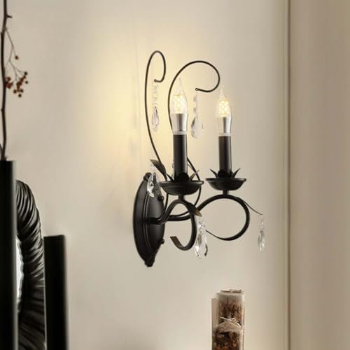 AoLa Kerzen Wandleuchte Vintage 2 Flammige Kristall Wandlampe Innen Industrie Retro Lampe Wandbeleuchtung Schwarze Metall Basen Nachttischlampe für Schlafzimmer Wohnzimmer Treppenhaus Küchen Flur