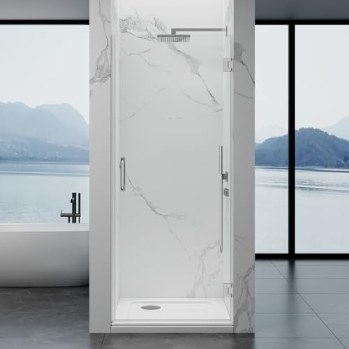 YTSAHSTT Framelss Hinged Shower Door, 32 W x 76 H Single Swing Pivot Shower Door, 3/8 (10mm) Tempered Glass with Nano Coating, Stainless Handle, Glass Door for Walk-in Shower - Bright Chrome