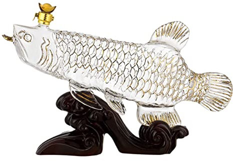 DEFBOW Carafe à Whisky en Forme d'Arowana avec Support en Bois Imitation 1300 ML Carafe en Verre Cristal Distributeur d'alcool en Forme de Poisson 44 oz Cadeau de Bar Fantaisie Carafe à vin et Rhum