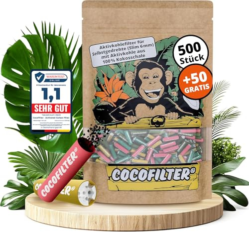 CocoFilter® Filtri al carbone attivo 6mm in guscio di cocco [500 + 50 pezzi] - 550 filtri slim naturali con cappucci in ceramica per cartine rollate, ciascuno da 27mm [in sacchetto richiudibile]