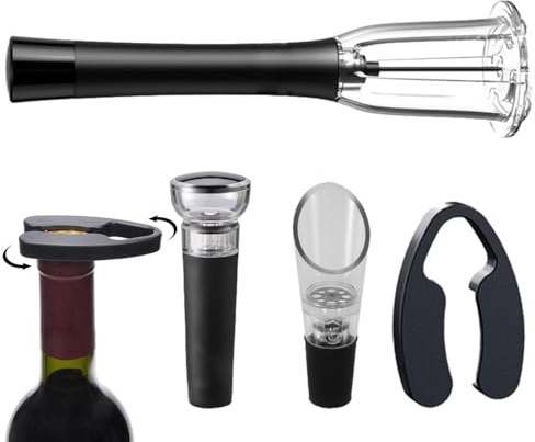 Hogvinnatil Set mit Druckpumpen-Öffner, Weinöffner Set zum Öffnen des Weins mit Luftdruck, einfaches Entnehmen aus Kork mit Folienschneider, Belüfterausgießer, Vakuumverschluss -