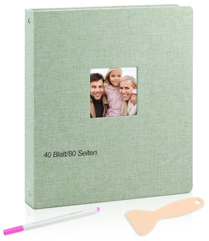 Premium Leinen-Fotoalbum 30x26 cm Grünem mit Klebeseiten Stift, 40 Blatt/80 Seiten Archivqualität, Ideal für Baby Hochzeit Reisen Weihnachten Geburtstage Jubiläen Grünem