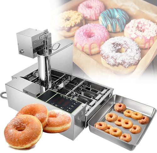 KJZQXYX 4/6 Rows Commercial Digital Donut Maker, Automatic Stainless Steel Donut Fryer, Intelligent Control Panel, Adjustable Thickness Auto Flip Doughnut Maker (Silver Four rows)