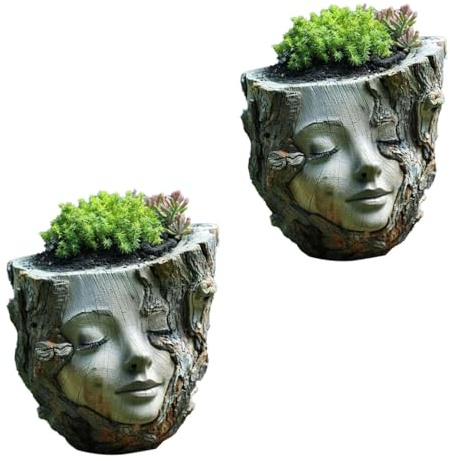 Fokayo Handmade Sleeping Wood Elf Art Flower Pot, Face Planters Pots Head, Fairy Planter Pots for Home or Garden, Sculpture Statue for Indoor/Outdoor Garden Plants (2Pcs)