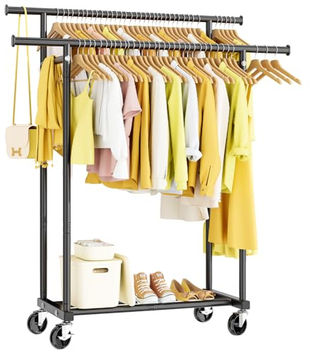 HYSEYY Double Rod Clothes Rail, Rolling Clothes Rack, Metal Clothing Rail with Lockable Wheels & Storage Shelf, Clothing Rack for bedroom, Laundry, Living Room - 160H x 113W x 42D cm, Light Black