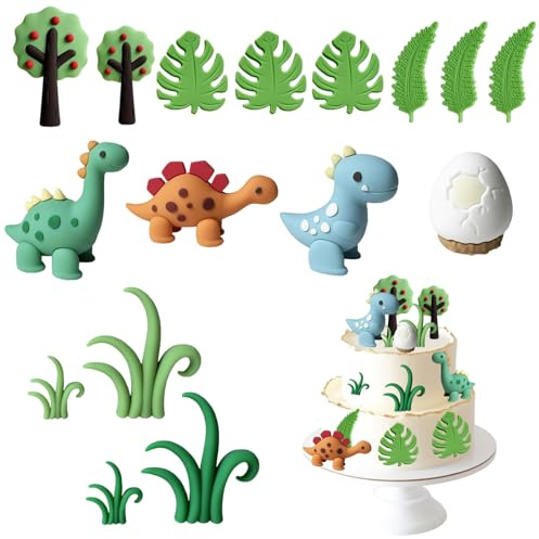 16Pcs Dinosaur Cake Toppers, Dinosaur Cake Decorations with Dinosaur Eggs Leaves Grasses Cake Decorations, for Birthday Boy Baby Shower Party Decorations, Dinosaur Themed Party