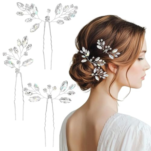 3 piezas de accesorios para el cabello de boda para mujer, horquillas de novia con cristales y diamantes de imitación, accesorios para el cabello de dama de honor para mujeres y niñas (plata)