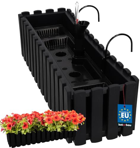 KOTARBAU® Balkonglåda - Blomlåda Självvattnande - Plast - 58 x 18 x 16 cm - Antracit - Blomlåda Balkong - Bevattningssystem - Balkonglåda med Hållare - Planteringslåda