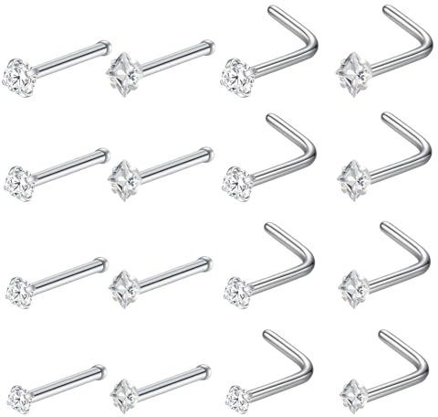 Rbleote 16-Teiliges Set Aus Edelstahl Nasenpiercing,Zirkonia Nasenstecker,L-Förmig Und Gerade Nasenpiercing Stecker,Passend Für Damen Und Herren,Modische Ohrstecker,Ohrlochschmuck