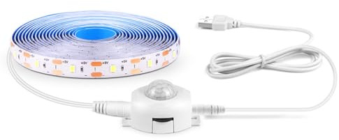 AoLa LED Strip Bewegungsmelder lnnen 5V 60 LEDs/M LED Streifen mit Stecker Selbstklebend PIR Bewegungsmelderleuchte lnnen Beleuchtung für Schränke Treppen Küche Betten Schlafzimmer,White light,1M