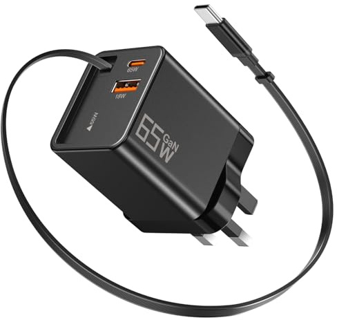 65W USB C Charger, GaN Fast Charging Plug with Retractable USB C Cable 0.7m, 2 USB C + USB A Ports, Compatible with MacBook Pro Air, iPhone 17 16 15 Pro Max, iPad, Samsung Galaxy S25 Ultra S24