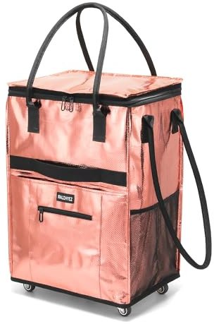 RalChyez Reusable Grocery Bags on Wheels, 67L Rolling Tote Grocery Bag with Handle and Zipper Cover Foldable Shopping Cart Trolley Laundry Basket Bag Rose Gold Medium