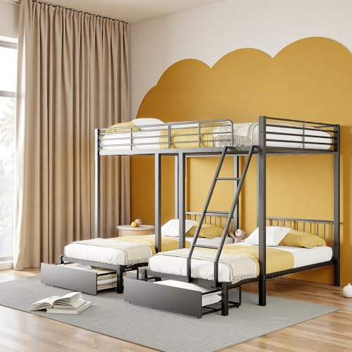 Lubvtti Litera triple con cajones, convertible en cama de matrimonio de 140 x 200 cm y dos camas individuales de 90 x 200, estructura de metal, color negro