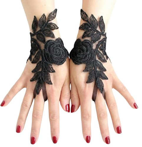 GWEOR Spitzenhandschuhe Weiß, Damen Feder Spitze Fingerlose Lange Handschuhe für Hochzeit Halloween Maleficent Kostüm