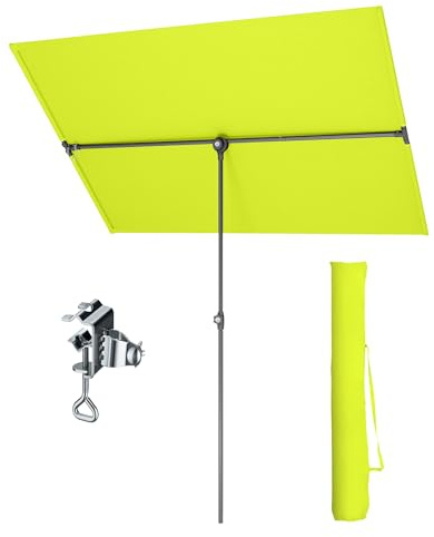 PHI VILLA 180x130cm 360°Drehbar Sonnenschirm mit Hülle & klemme, Aluminium Balkonschirm Höhenverstellbar Windfest Stabil zum Mitnehmen, UV50+ Schutz für Balkon Terrasse Balkongeländer Tisch