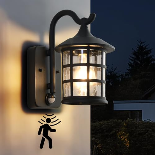 Wandleuchte Aussen mit Bewegungsmelder Vintage E27 IP44 Aluminium, Schwarz | Glaslampenschirm, Aluminiumgehäuse, IP44 Wasserdicht, E27-Fassung, ohne Leuchtmittel, Wandlampe für Garten Terrasse Balkon